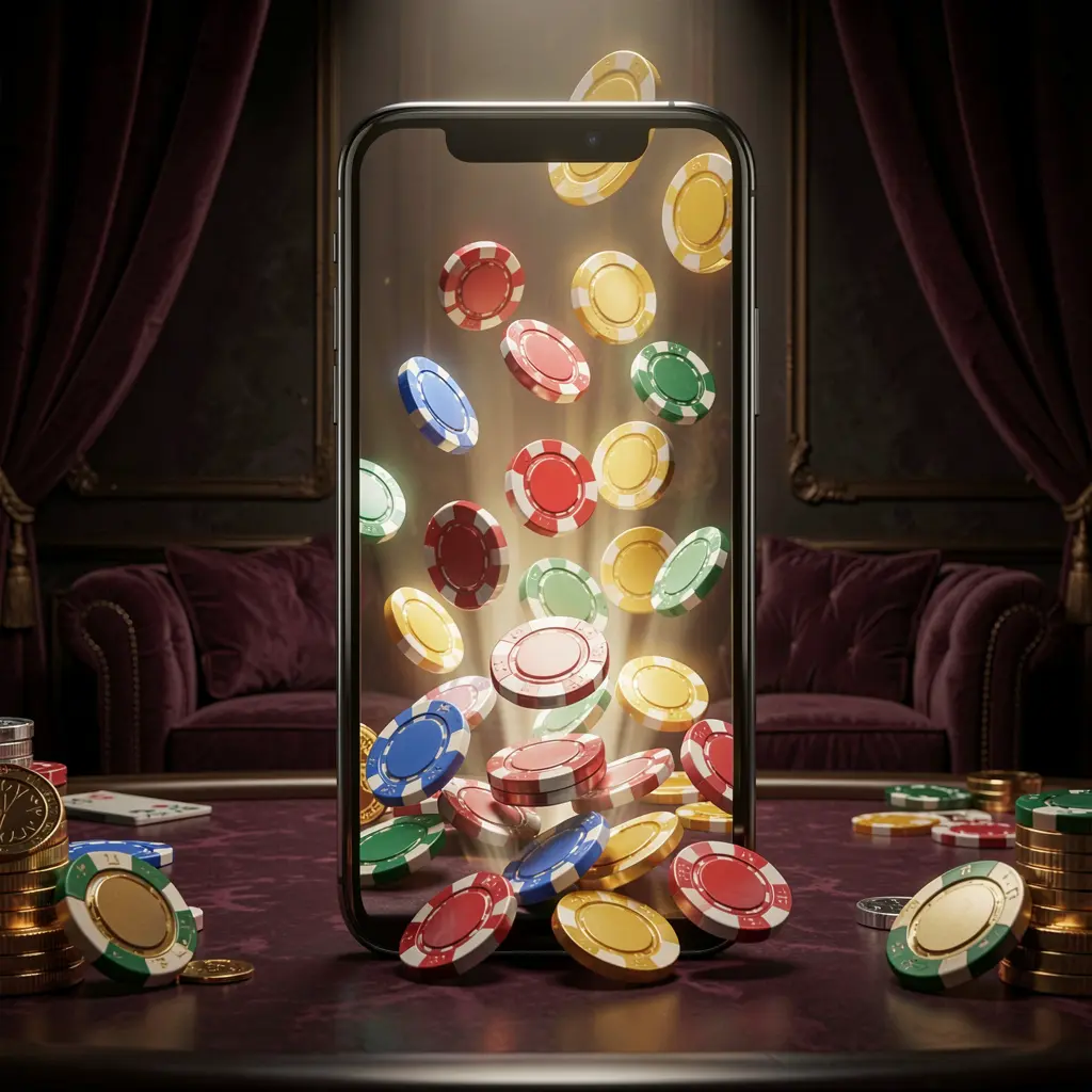 FU99 online gaming app displayed on a smartphone screen with glowing casino chips and coins emerging, set against a luxury dark background with cinematic lighting in a high detail 3D render