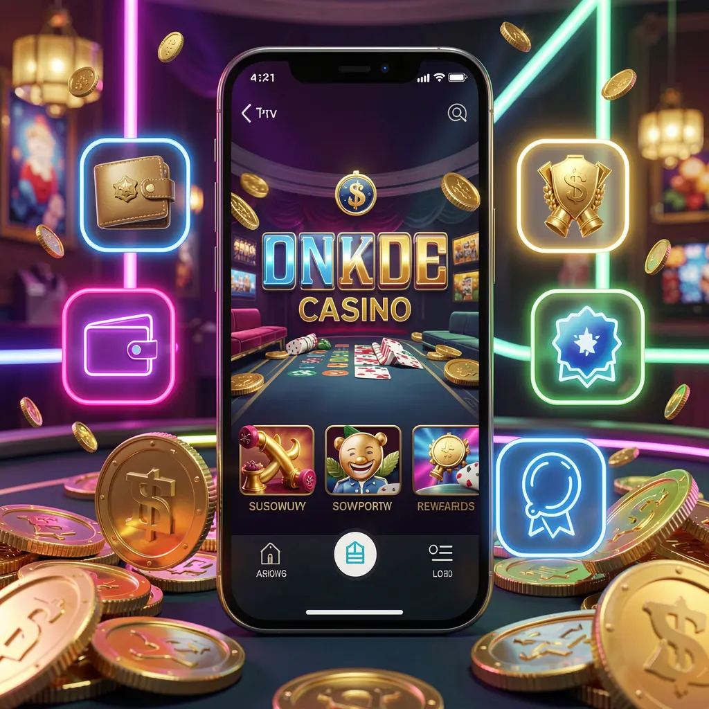 FU99 online casino app features displayed on a smartphone surrounded by icons for wallet, games, support, and rewards with golden coins and neon lights in a luxury 3D render