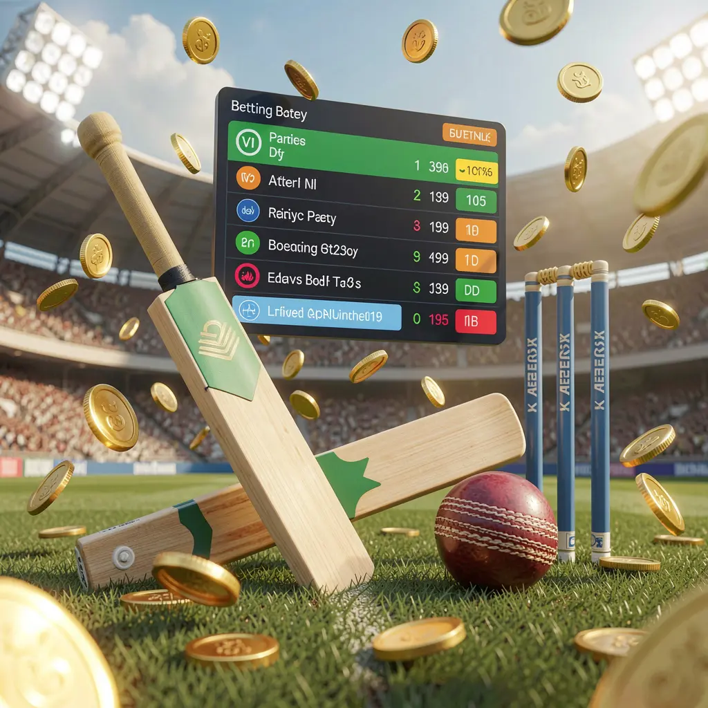 Realistic 3D illustration of a sports betting page by FU99 showing a cricket bat, cricket ball, and wickets on stadium grass with floating betting odds interface and golden coins flying