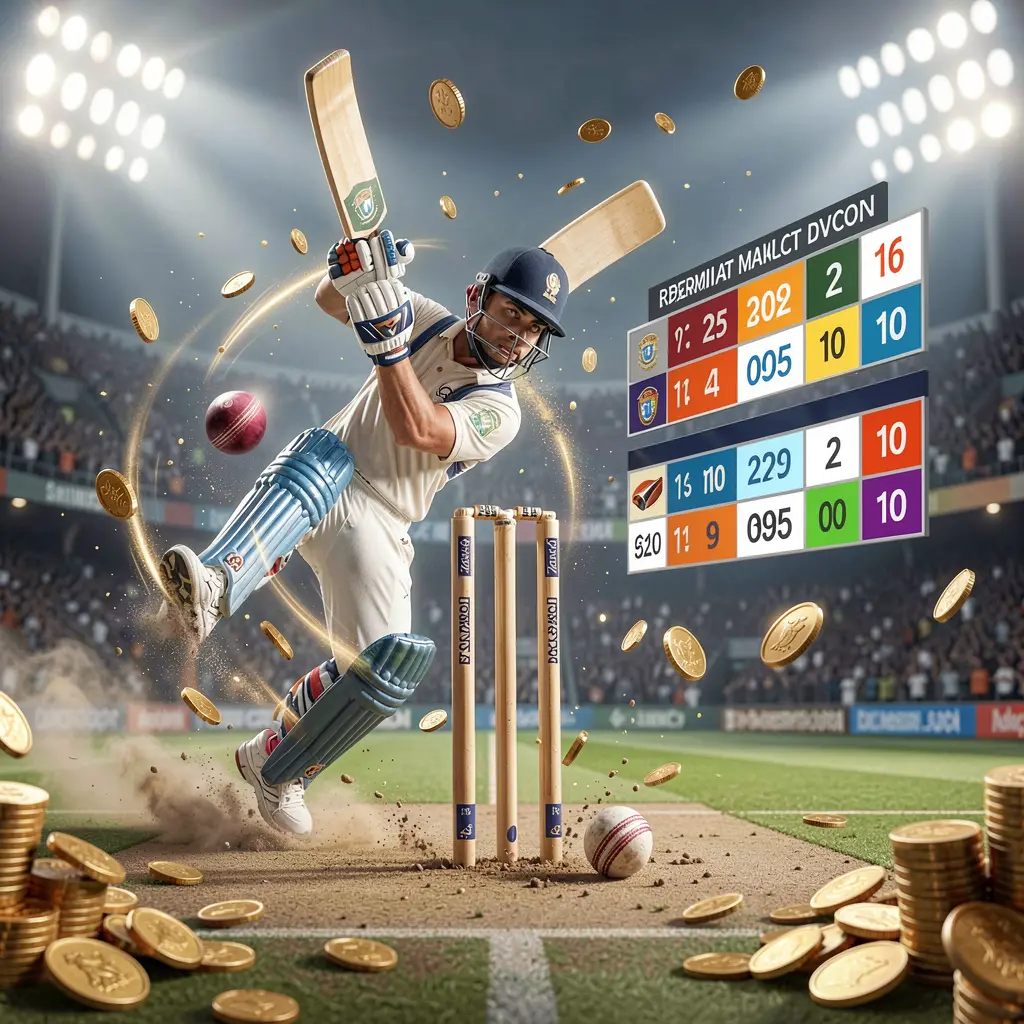 FU99 cricket match betting banner showing a cricket ball hitting wickets with dynamic motion under stadium lights, featuring a floating odds interface and coins in a premium sports atmosphere