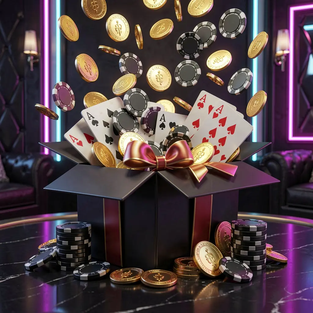 FU99 online casino bonus gift box exploding with golden coins, poker chips, and playing cards against a dark luxury background with glowing neon accents FU99 online casino bonus gift box exploding with golden coins, poker chips, and playing cards against a dark luxury background with glowing neon accents