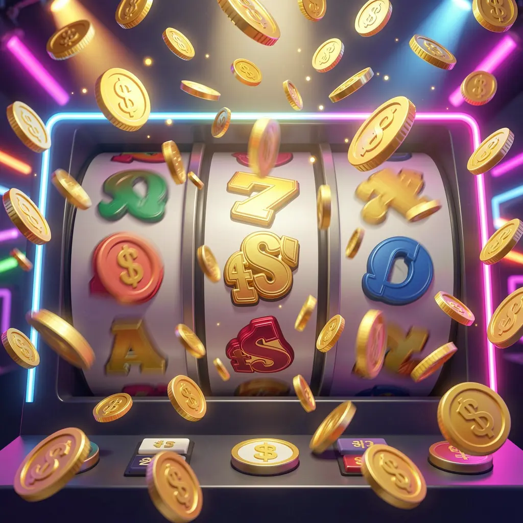 FU99 free spins casino image showing slot machine reels spinning with golden coins flying everywhere under colorful neon lights, creating an exciting jackpot mood in a premium 3D illustration FU99 free spins casino image showing slot machine reels spinning with golden coins flying everywhere under colorful neon lights, creating an exciting jackpot mood in a premium 3D illustration