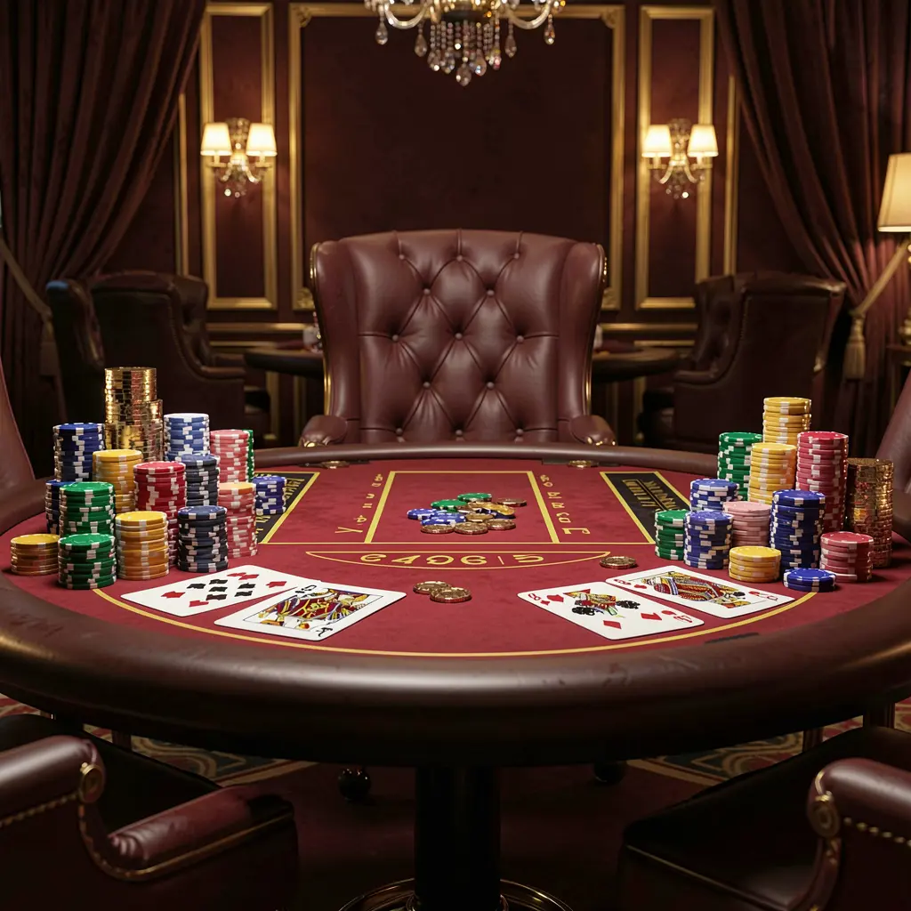FU99 luxury casino scene featuring a blackjack table with poker cards, stacks of chips, and sparkling coins against a dark red and gold background in a cinematic realistic render