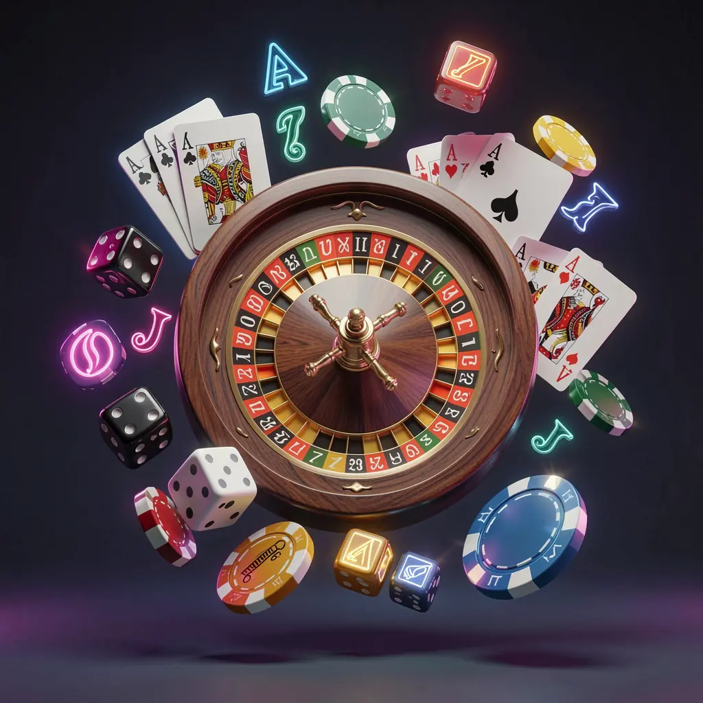 FU99 online casino games collection featuring a neon glowing roulette wheel, blackjack cards, dice, slot symbols, and poker chips floating together in a premium 3D render