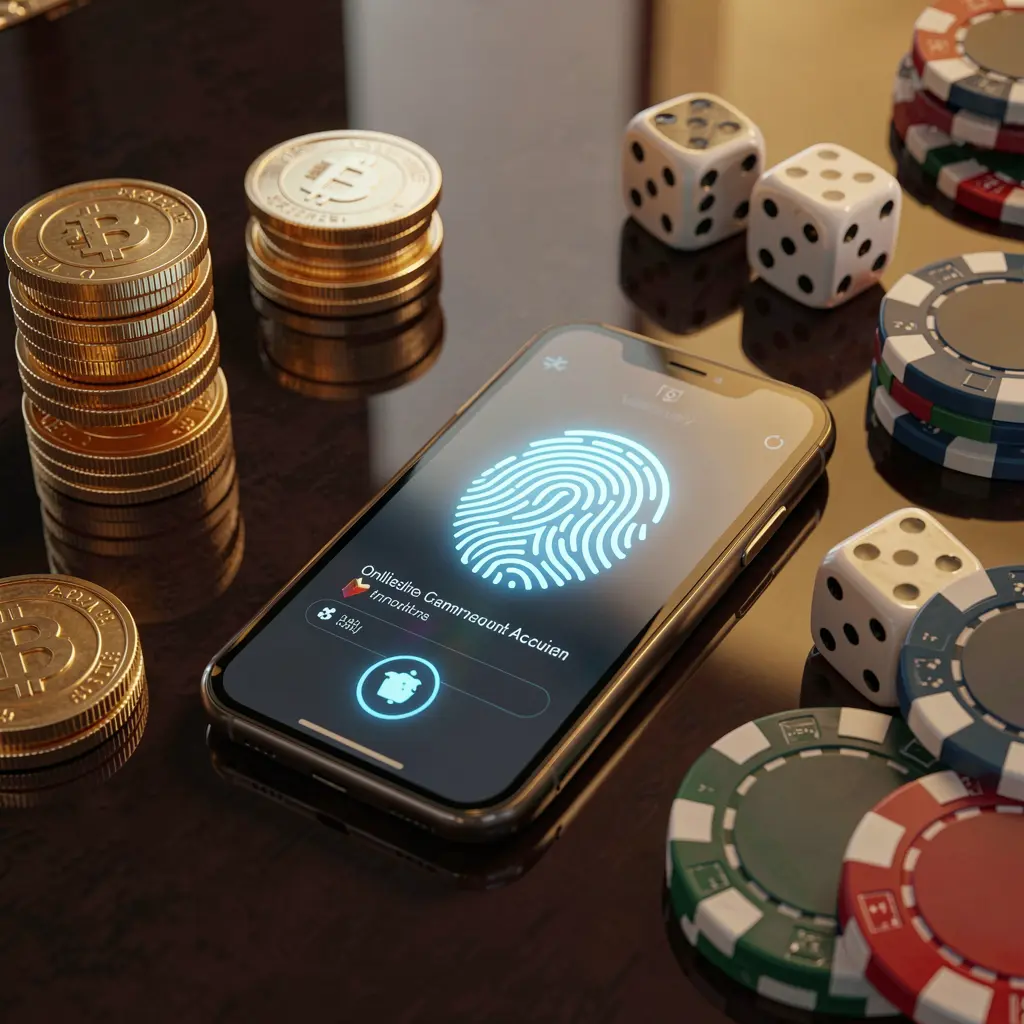 FU99 online gaming account access scene featuring a smartphone with a glowing fingerprint icon, golden coins, dice, and poker chips on a glossy table under cinematic lighting in a luxury 3D render FU99 online gaming account access scene featuring a smartphone with a glowing fingerprint icon, golden coins, dice, and poker chips on a glossy table under cinematic lighting in a luxury 3D render
