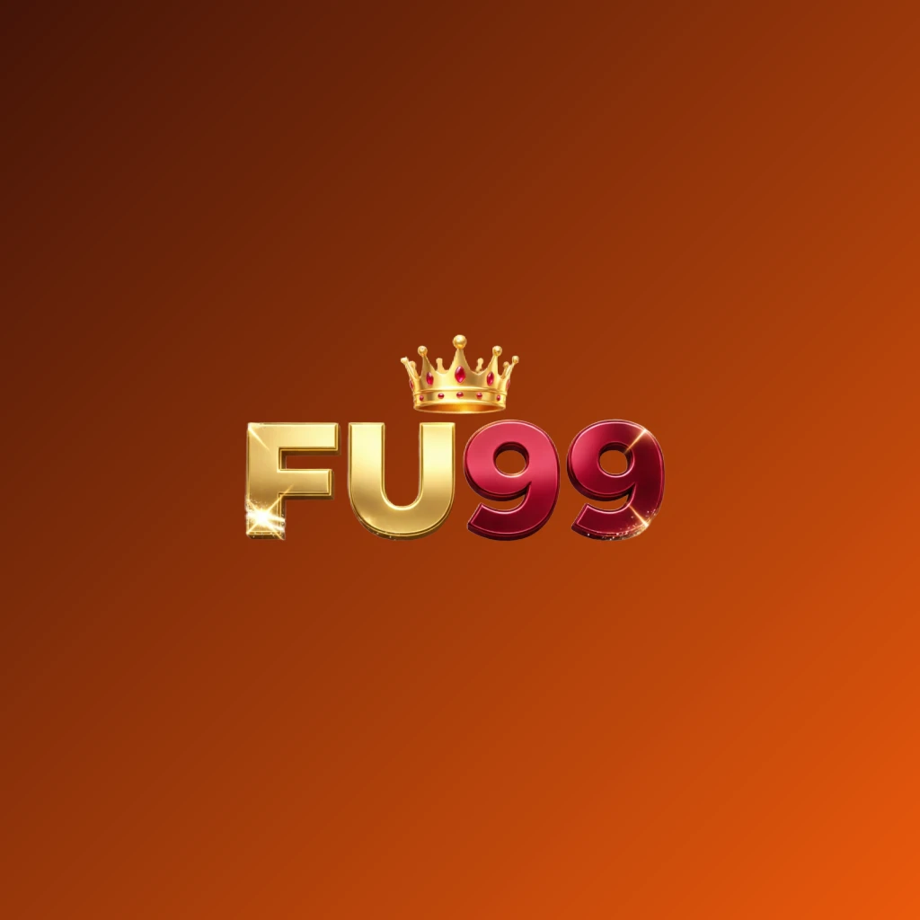 Dynamic casino-style logo for FU99 featuring massive bold lettering in bright gold and crimson colors, a glowing crown, and sparkling light effects on a transparent background, designed as a wide horizontal rectangular wordmark for a website header