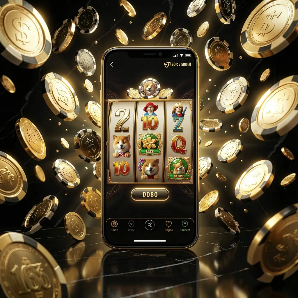 FU99 modern online casino main page visual on smartphone with glowing gaming interface, flying coins and chips in a black and gold luxury atmosphere, realistic 3D illustration